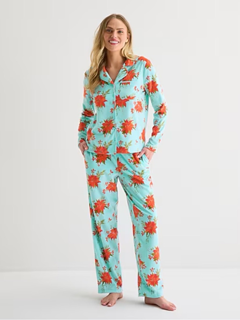 Adonna Womens Floral Fleece Long Sleeve 2-pc. Pajama Set Plus Size XXL Button Up